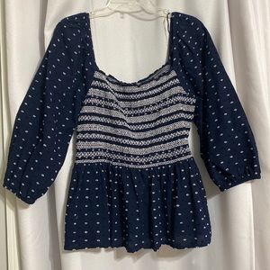 Crown & Ivy Navy and White Sleeved Peplum Shirt Size XL